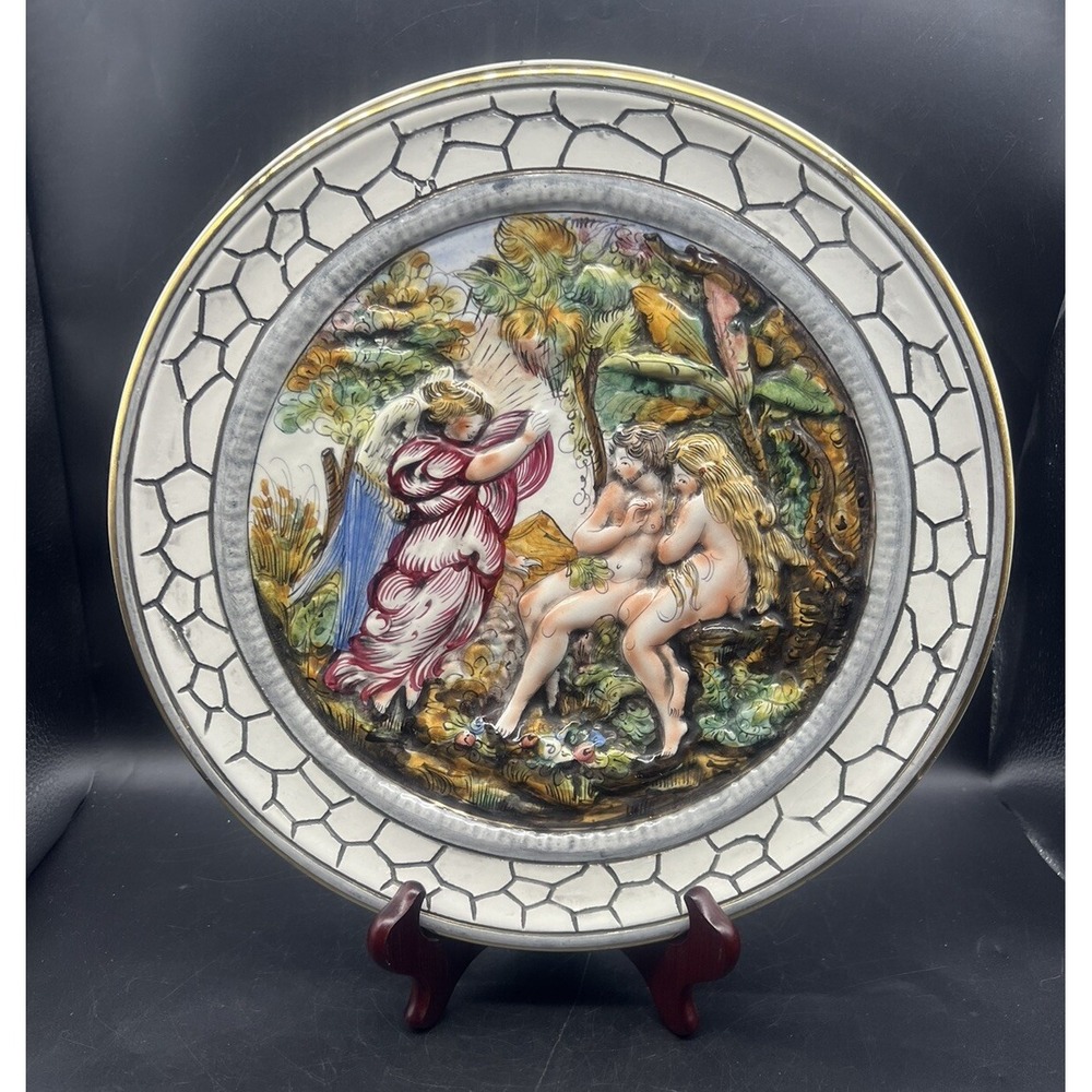 Antique Capodimonte Relief Majolica "Expulsion from Paradise" Plate 12.75" Italy